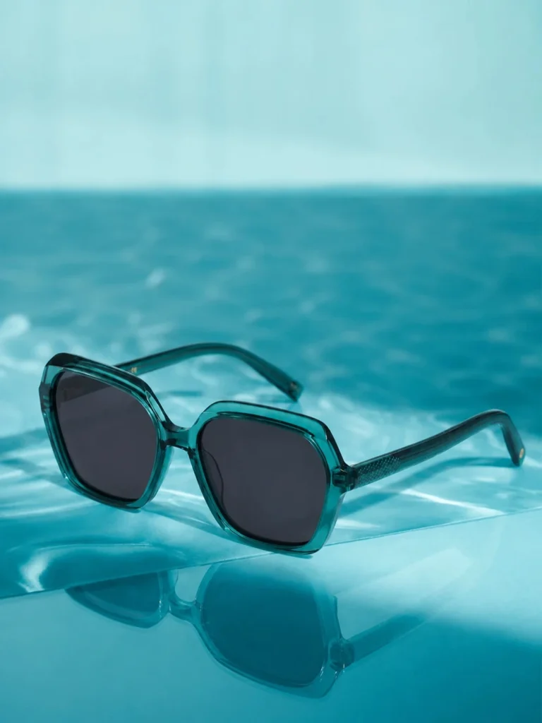 Luxury Auora Eyewear turquoise sunglasses on a reflective ocean-inspired surface