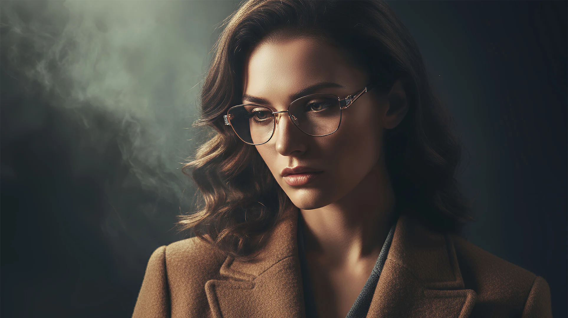 Auora Eyewear elegant gold metal optical glasses on a fashion model with cinematic low-key lighting.